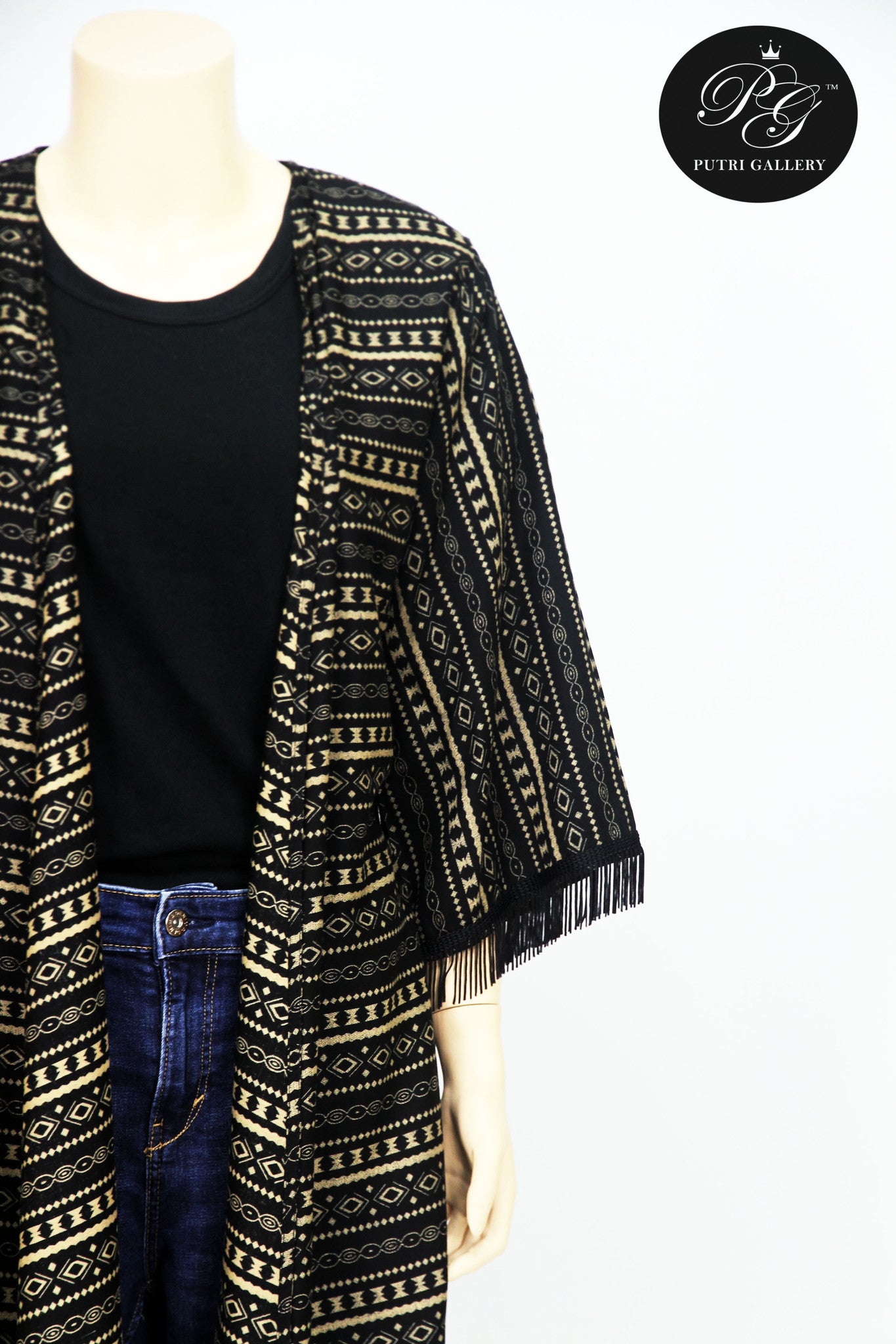 Argyle Cardigan Fringe- Long (Black)
