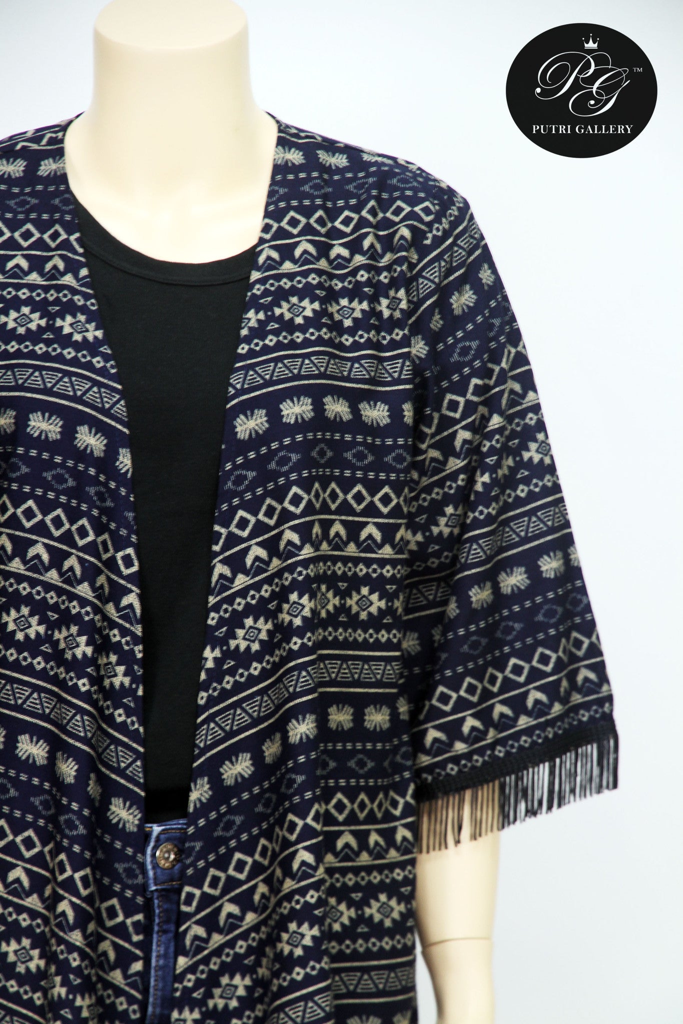 Argyle Cardigan Fringe-Short length (Blue)