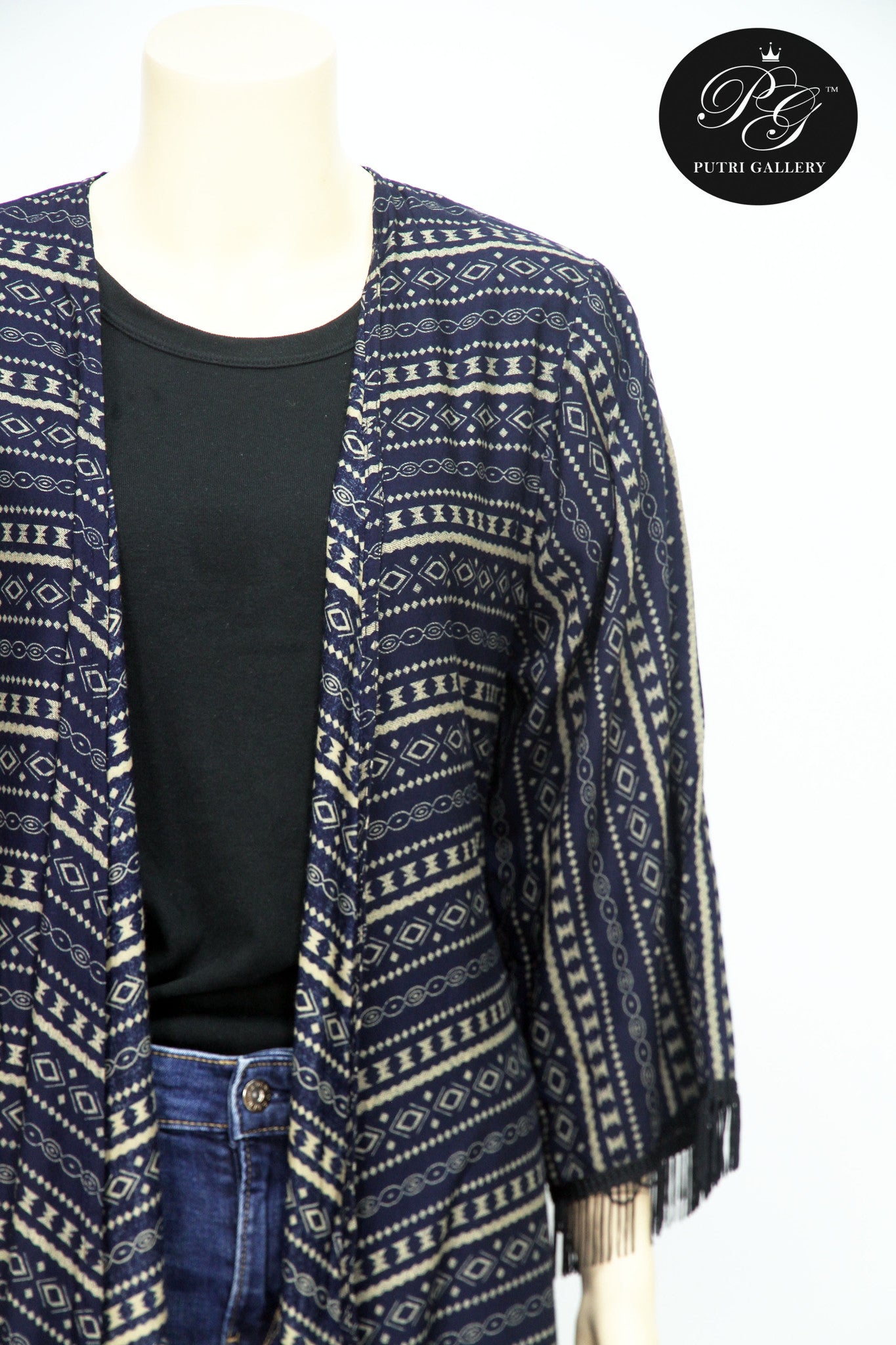 Argyle Cardigan Fringe- Long (Blue)